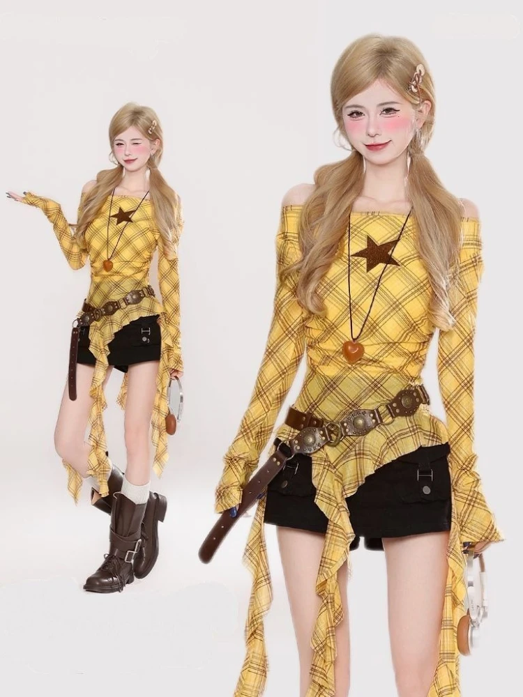 Y2K Plaid Slash Neck Vintage T - Embroidery Origin recension och pris